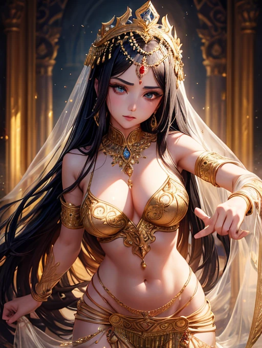 intricate detailed portrait of a beautiful belly dancer, 1girl, detailed face, piercing eyes, full lips, long dark hair, mesmerizing dance pose, flowing sheer fabric dress, golden jewelry, dramatic lighting, cinematic composition, vivid colors, (best quality,8k,highres,masterpiece:1.2),ultra-detailed,(realistic,photorealistic,photo-realistic:1.37),cinematic lighting,dramatic shadows,volumetric lighting,glowing skin,ornate headdress,elaborate costume,hypnotic dance moves,mystical background