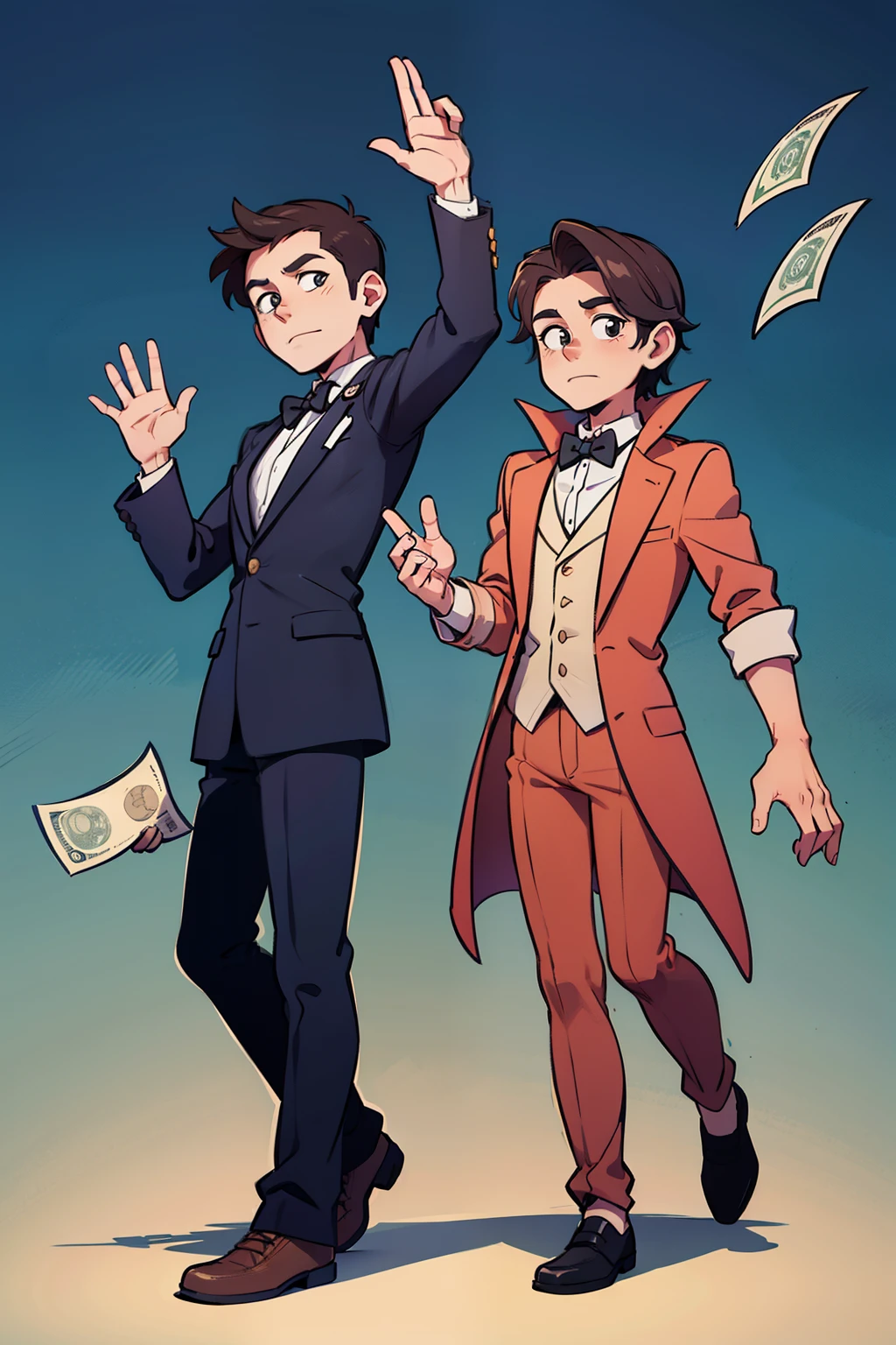 Two men standing,Face to Face,The man on the left holds out his hand,Money in hand,The man on the right shakes his head,Waving,reject