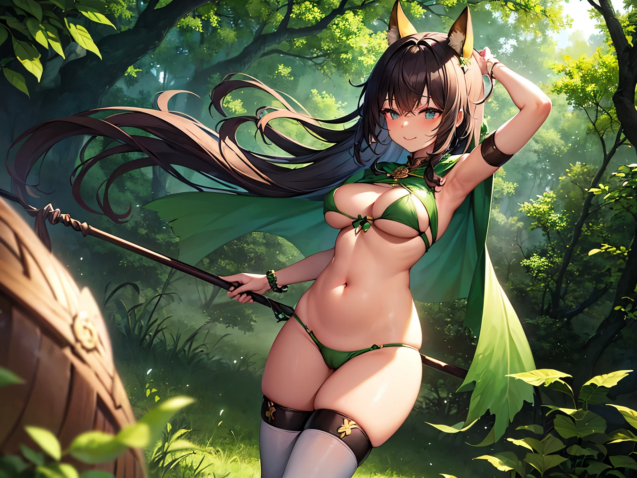 fantasy, 1forest_elemental_girl, (dark_skin)0.9, (using_leaves_clothes, green_leaves_covered_breasts, leaves_covered_pussy),large_breasts, walking, (smile, sleepy)+, medium_hair, navel, oil, (winding_vine_around_torso)++, forest_background, leaves_headgear, green_leaves_cape,armpits, spread_arms, large_staff, thighhighs, plump,