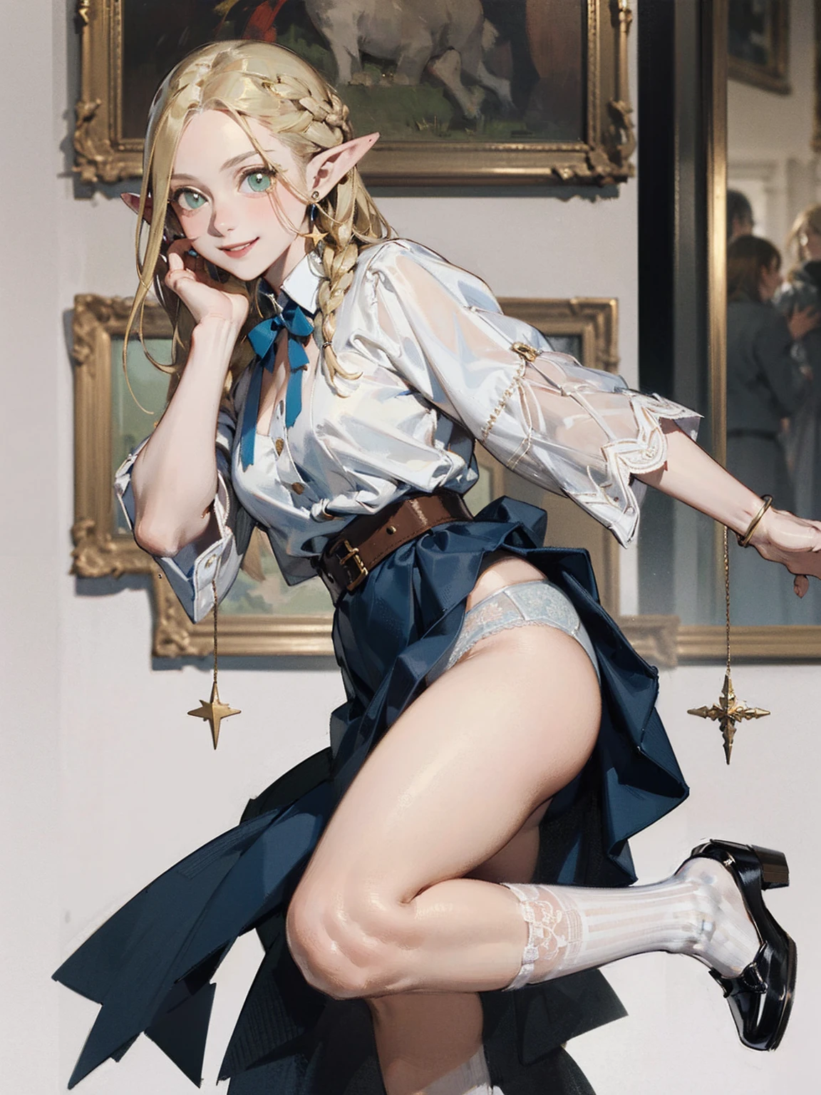 Street fashion woman,(masterpiece, Highest quality) detailed,Silver Accessories , blonde ,Pointy Ears ,Lace Underwear,Double Tail,Waist-length hair,smile,Star ornament,White lace socks,