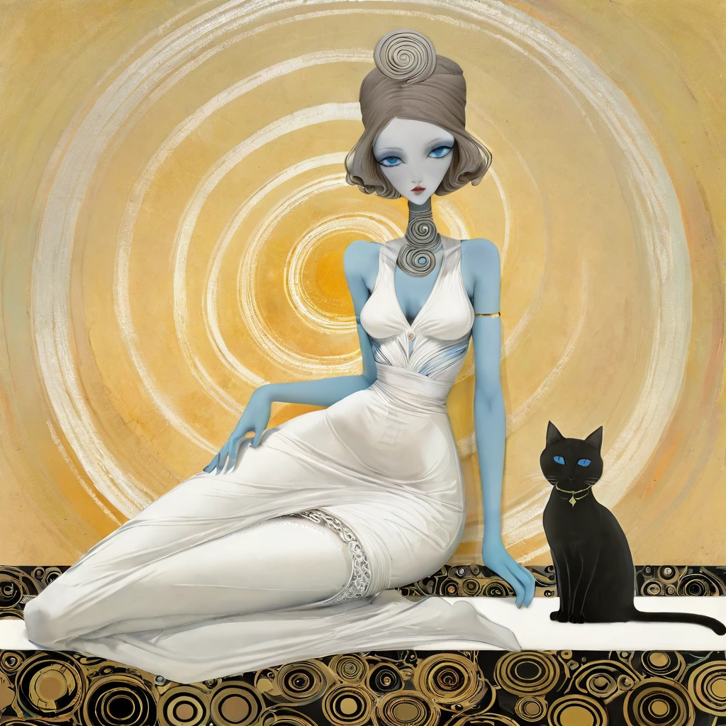 In the style of Klimt, Sam Toft, Florine Stettheimer, Dina Wakley, Catrin Welz-Stein, Gabriel Pacheco, Elisabeth Fredriks Stylized figure.Stylized figure. Female cat, with the body of a woman. slender, beautiful, gentle and delicate gaze, very long neck, gray-blue eyes, long eyelashes, light brown dress, turban. she is sitting at a dining table, holding an empty plate in her hands. background with neutral motifs of circles and spirals. warm colors, medium saturation.