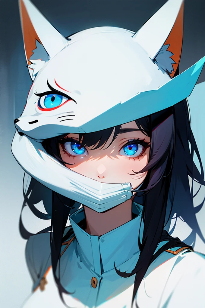 Girl with black hair, light blue eyes, fox mask on head, uniform