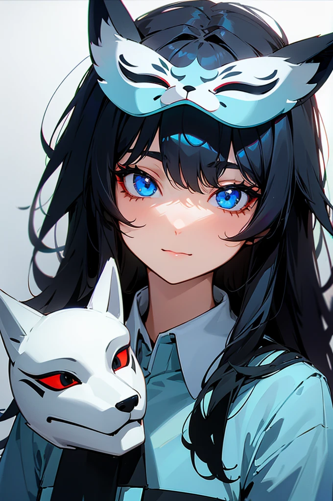 Girl with black hair, light blue eyes, fox mask on head, uniform