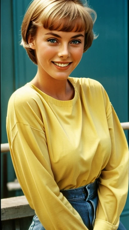 Jean Seberg wearing liquid colored clothes sexy and smiling