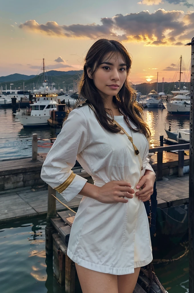 Create a highly detailed image of a woman wearing a naval admiral uniform, standing on a harbor pier during sunset. The uniform should be meticulously rendered with details such as medals, insignia, and epaulets prominently displayed. The woman should exude an air of authority and grace, with her attire showing realistic creases and folds.
In the background, depict a busy yet serene harbor scene with ships docked and the water reflecting the golden light of the setting sun. The sky should be a gradient of warm colors, including oranges, pinks, and purples, enhancing the overall ambiance of the scene. Include elements like illuminated port lights, a control tower, and various dockside objects to add authenticity to the setting.
Ensure the lighting emphasizes the sunset's soft golden glow, casting warm tones across the scene and highlighting the intricate details of the admiral’s uniform. Create a sense of depth with a slightly blurred background to focus on the admiral while capturing the tranquil yet dynamic atmosphere of the harbor.