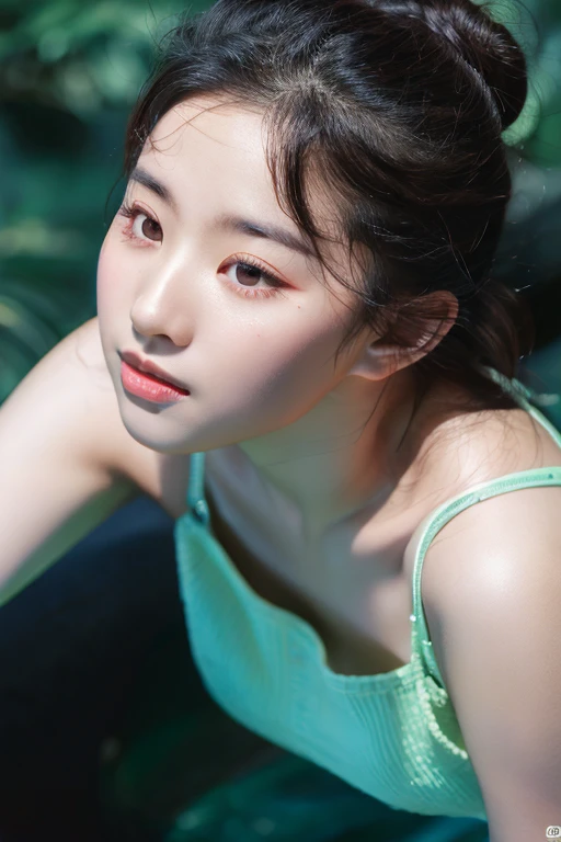8K, Best Quality, Masterpiece, Ultra High Resolution, (Realism: 1.4), Original Photo, (True Skin Texture: 1.3), (Film Grain: 1.3), (Selfie Angle), 1 Girl, Beautiful Eyes and Face Details, Masterpiece, Best Quality, Close Up, Upper Body, Good Eyes, Good Nose, Glowing Eyes, Aqua Eyes