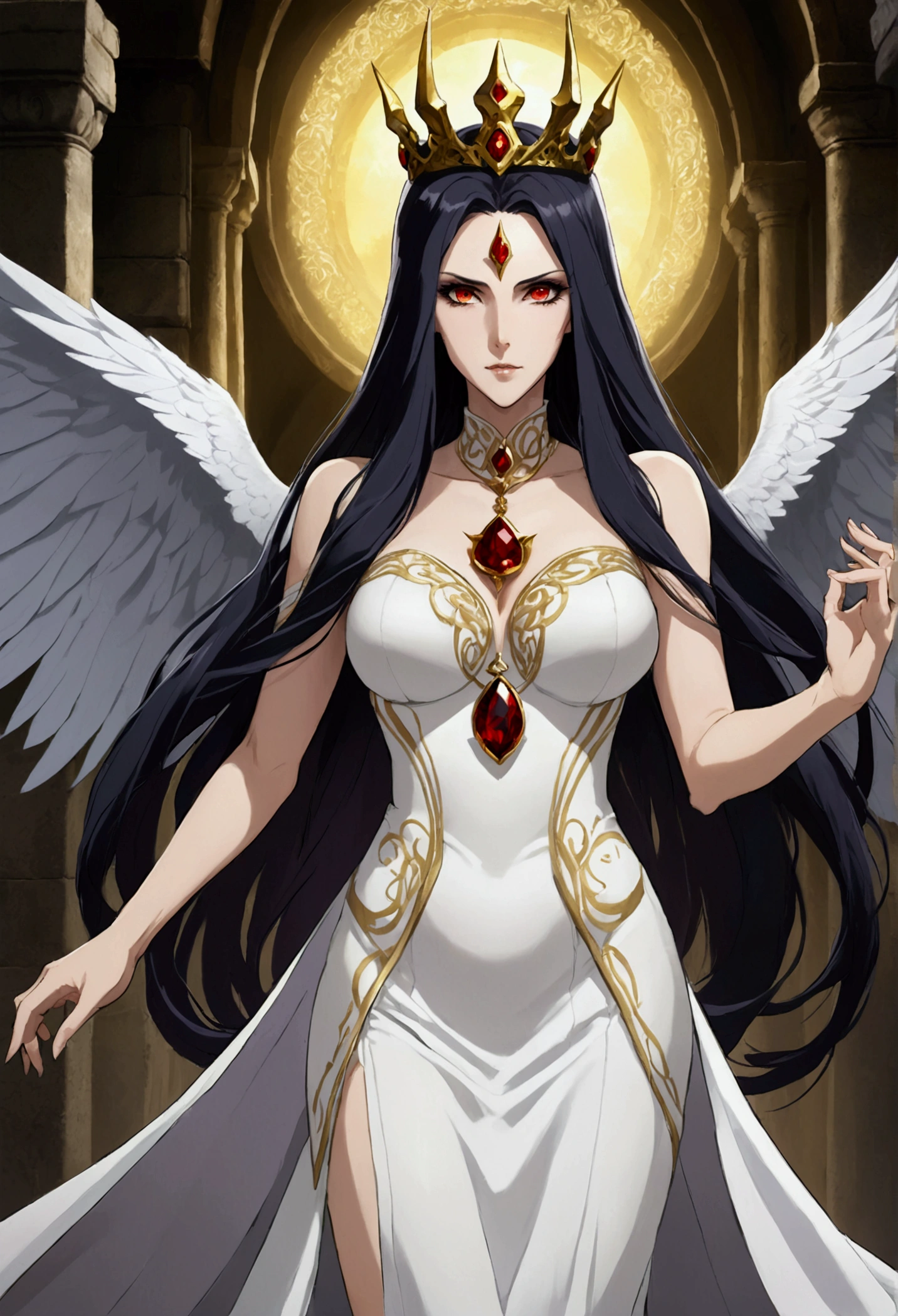 albedo, one of the prominent characters in the anime and light novel series "overlord," is an impressive and seductive presence in the Great Tomb of Nazarick. As Supervisor of the Guardians of the Soil, she serves as the loyal and dedicated Guardian of the Throne, deeply devoted to his creator, Ainz Ooal Dress, the Supreme. His appearance is an embodiment of perfection, a captivating blend of beauty and elegance. Standing tall with an imposing aura, Albedo draws attention with his regal and dignified demeanor. Its physical attributes are impeccably designed, making her a captivating figure in the world of Yggdrasil. With raven black hair cascading down her back like a silken waterfall, Albedo exudes an air of enigmatic fascination. Their hair is meticulously styled, adorned with a delicate silver crown that rests on her forehead, symbolizing her elevated position as Overseer. Albedo's mesmerizing crimson eyes hold a mesmerizing gaze that seems to penetrate the depths of the soul. Eles estão cheios de lealdade inabalável e devoção a Ainz Ooal Dress, reflecting her dedication as one of the most trusted followers of the Supreme Beings. His face is a symphony of perfection, with crisp and elegant features that exude grace and authority. A slender, Pointed pair of demonic horns adorn his forehead, showing his non-human origins as a succubus, A creature of seduction and charm. Adorned in an exquisite white dress with intricate golden embroidery, The albedo suit is a testament to her status as Guardian of the Throne. The dress hugs her figure, accentuating its seductive curves and increasing its enigmatic allure. A fluttering white cloak follows behind her, adding an aura of mystique to his presence. Around your neck, albedo wears a choker with a red jewel, simbolizando sua lealdade absoluta e amor por Ainz Ooal Dress. Their long, thin fingers are adorned with delicate golden rings, meaning his --self