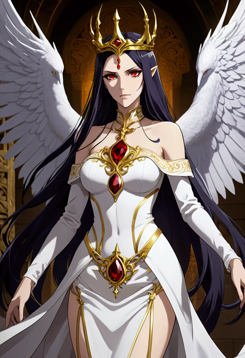 albedo, one of the prominent characters in the anime and light novel series "overlord," is an impressive and seductive presence in the Great Tomb of Nazarick. As Supervisor of the Guardians of the Soil, she serves as the loyal and dedicated Guardian of the Throne, deeply devoted to his creator, Ainz Ooal Dress, the Supreme. His appearance is an embodiment of perfection, a captivating blend of beauty and elegance. Standing tall with an imposing aura, Albedo draws attention with his regal and dignified demeanor. Its physical attributes are impeccably designed, making her a captivating figure in the world of Yggdrasil. With raven black hair cascading down her back like a silken waterfall, Albedo exudes an air of enigmatic fascination. Their hair is meticulously styled, adorned with a delicate silver crown that rests on her forehead, symbolizing her elevated position as Overseer. Albedo's mesmerizing crimson eyes hold a mesmerizing gaze that seems to penetrate the depths of the soul. Eles estão cheios de lealdade inabalável e devoção a Ainz Ooal Dress, reflecting her dedication as one of the most trusted followers of the Supreme Beings. His face is a symphony of perfection, with crisp and elegant features that exude grace and authority. A slender, Pointed pair of demonic horns adorn his forehead, showing his non-human origins as a succubus, A creature of seduction and charm. Adorned in an exquisite white dress with intricate golden embroidery, The albedo suit is a testament to her status as Guardian of the Throne. The dress hugs her figure, accentuating its seductive curves and increasing its enigmatic allure. A fluttering white cloak follows behind her, adding an aura of mystique to his presence. Around your neck, albedo wears a choker with a red jewel, simbolizando sua lealdade absoluta e amor por Ainz Ooal Dress. Their long, thin fingers are adorned with delicate golden rings, meaning his --self