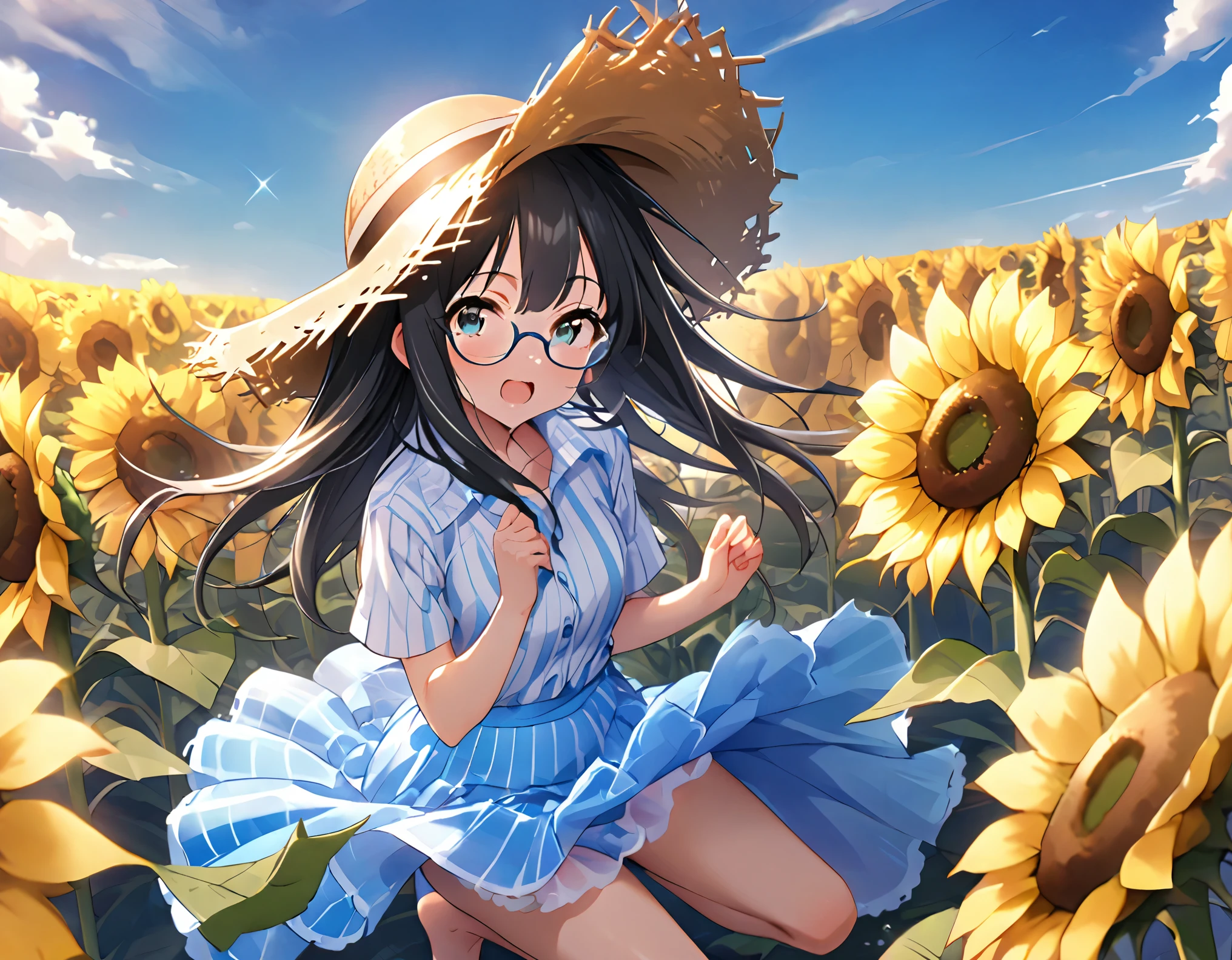 White and light blue striped shirt、Light blue long flared skirt、The wind blows and my skirt flips up、Showing off her cute white underwear、barefoot、Long Black Hair、Glasses、Straw hat、Alone in a sunflower field