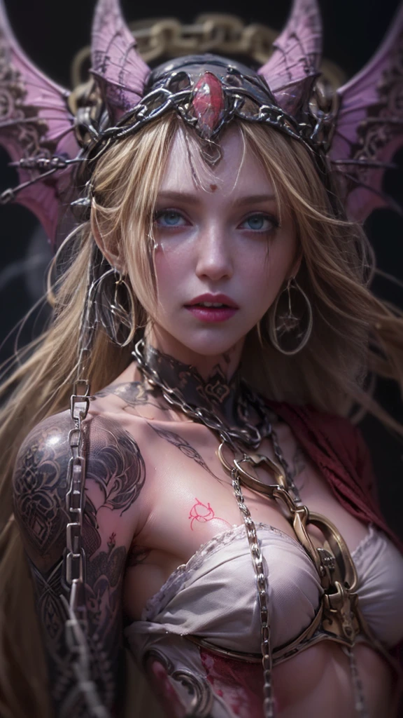 (32K:1.9, Dark fantasy:1.4, Highest quality, masterpiece, Ultra-high resolution), Perfect dynamic composition:1.3, Horror Portrait, chaos, Dark castle interior background:1.3, Prisoner, slave, Dark Demon World, Desire to dominate, Desire to monopolize, Satanic, (Detailed tattoos on the whole body:1.4, wearing exquisite jewelry:1.4), Very detailedな肌と顔の質感:1.3, Very accurate, Very detailed, (Sexy succubus demon with big wings:1.3, Incredibly slim body:1.3, beautifully、beautiful:1.3), Horn, Fair skin, Sensual posture, Bones piled on the ground, ((Properly dressing badly torn clothing:1.3)), Mid-chest, (Big eyes that exude eroticism:0.4, Feel the intense caress:1.0, Please open your mouth a little, lipstick, Feel the eroticism:0.9, Too sexy:0.9, charm的な:0.9), ((Bloody:1.5, Covered in scars:1.5, Necrosis:1.6, Lots of big chains:1.6, Countless chains tangled in clothes:1.6, Chain your right arm:1.5, Chain the left arm:1.5, The right leg is bound with a shackle and chain:1.5, The left leg is bound with a shackle and chain:1.5)), Super long blonde curly hair, Earrings, necklace, bracelet, romantic, mysterious, elegant, Object of admiration, original, dramatic, artistic, Innovative, charm, Heartful, Fancy, sense of exaltation, Feelings of despair, sense of openness, sense of cleanliness, special, exciting, grotesque, Extreme, Tilt, sense of loss, sorrow, sorrowの表現, ((悪魔のcharm, 女性的なcharm))