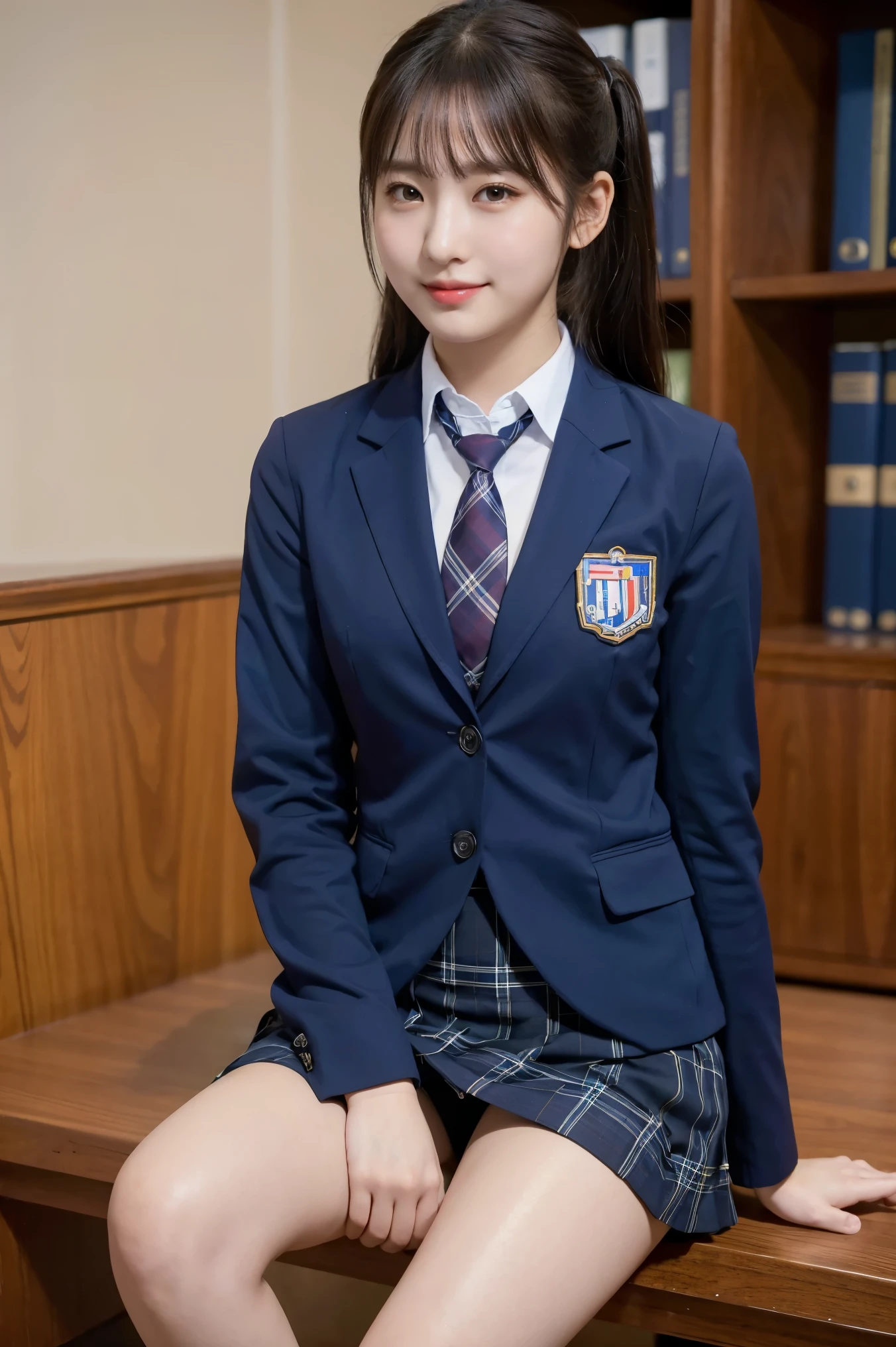 (8K), (highest quality: 1.2), (realistic), (realistic: 1.37), ultra high resolution, (1 girl), cute, smile, closed mouth, beautiful details, beautiful nose, twin tail hair, giant dulcefo, pork, thighs,self snap,University Student Uniform,(A simple navy blue blazer),pleated skirt,(The skirt and tie are tartan check pattern:1.3),(sitting:1), sit on ,from the front, (shiny legs:1.2)