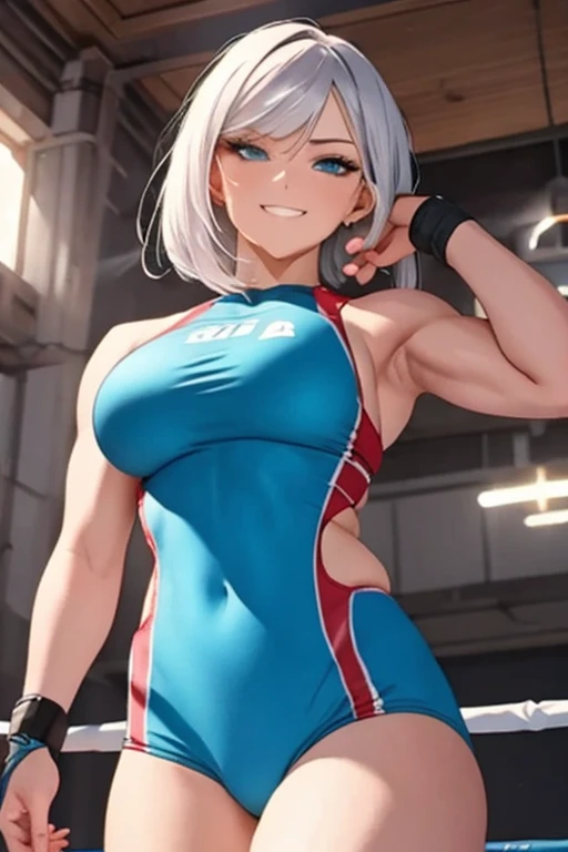A woman with silver bob hair and blue eyes, (She is looking down), extremely detailed and realistic, masterpiece quality, ultra-detailed, HDR, vivid colors, physically-based rendering, thick thighs, (scornful grin), she is a boxer, long thick muscular thighs, wearing boxing wear
