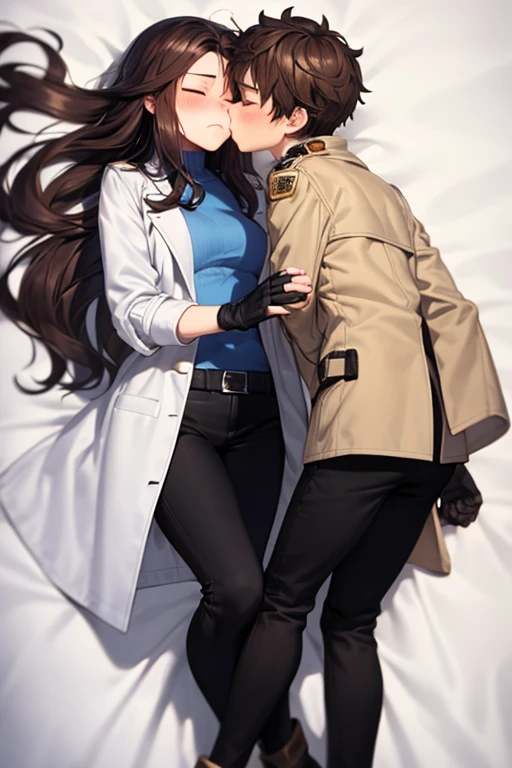 ((best quality)), ((masterpiece)), (detailed), a couple, a boy and a girl, 1 boy, full body, 19 years old, brown hair with white tips, somewhat long hair, bangs, green eyes, sleeping, tall and thin, thin, long beige trench coat, open trench coat, black fingerless gloves, white wristbands, white t-shirt with blue I-shaped emblem, letter I, black pants, 1 girl, full body, 19 years old, young adult, somewhat short, purple eyes, brown hair, somewhat wavy hair, long hair, lock of hair on forehead, asleep, blushing, scientist's coat, blue shirt, black pants, lying in bed, sleeping on boy's shoulder, romantic moment, bedroom background, anime