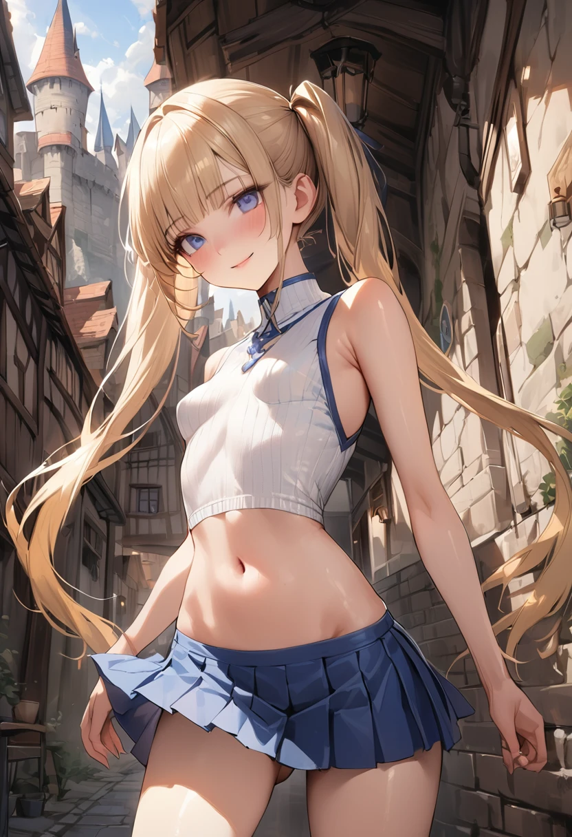 ((masterpiece,Highest quality:1.3,best quality illustration)),realistic,cowboy shot,独奏,1woman,female knight、(23-year-old beauty),((very small head:1.4)),((ideal ratio body proportions:1.3)),blonde hair,twin tails,straight long hair,bangs,gorgeous eyes,Blue eyes,smile,(Sleeveless white knitwear、navel、Blue pleated mini skirt),((slender body,skinny)),small breasts,gleaming skin,shiny skin,Back Alley、castle town、Medieval Europe、nsfw,
