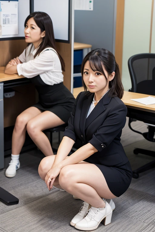 Two Japanese office ladies squatting