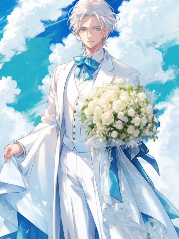 Anime style, Handsome white-haired man holding a bouquet of blue roses，Background is sky，Bright picture