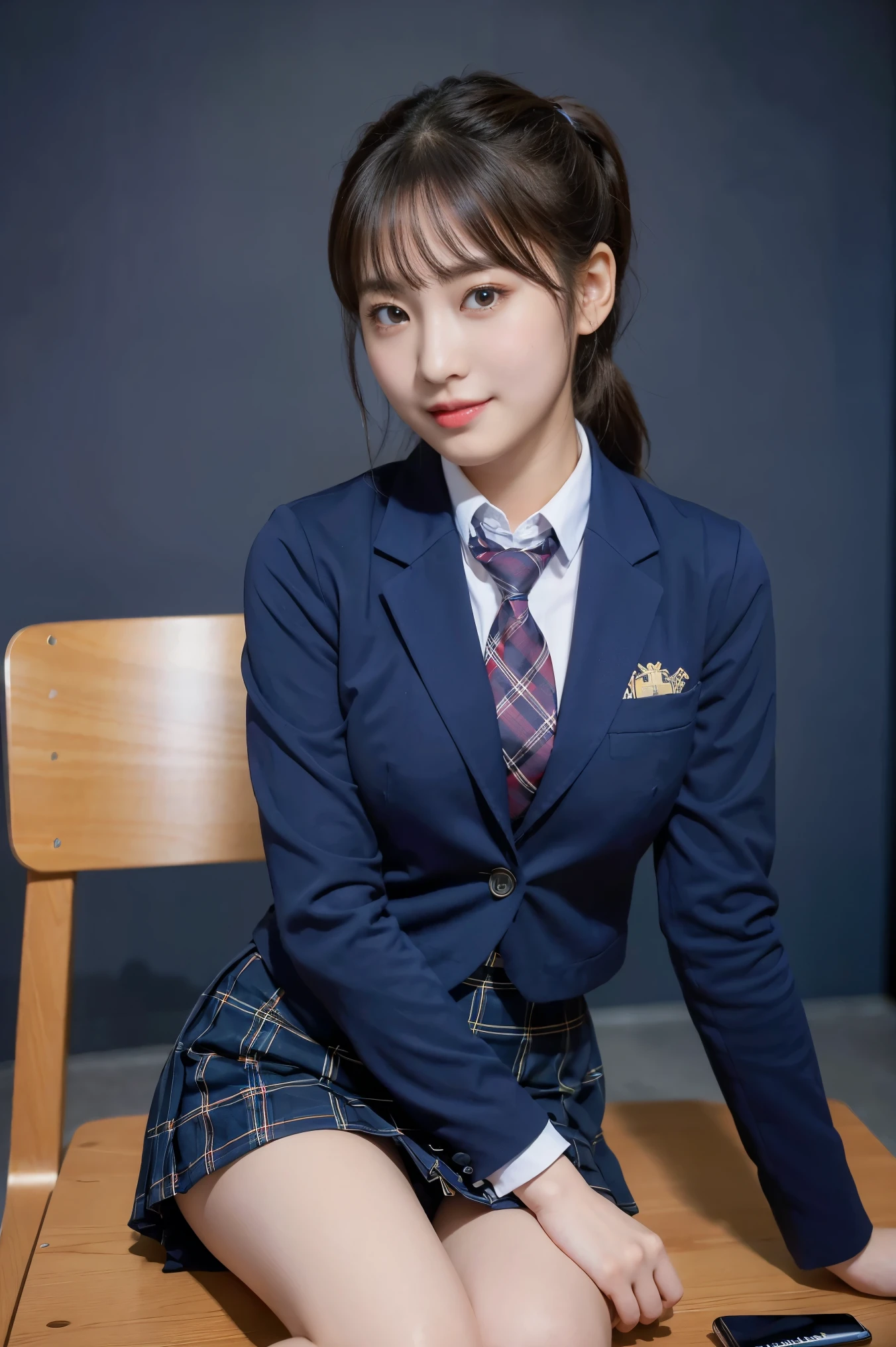 (8K), (highest quality: 1.2), (realistic), (realistic: 1.37), ultra high resolution, (1 girl), cute, smile, closed mouth, beautiful details, beautiful nose, twin tail hair, giant dulcefo, pork, thighs，self snap,University Student Uniform,(A simple navy blue blazer),pleated skirt,(The skirt and tie are tartan check pattern:1.3),(sitting:1), sit on ,from the front, shiny legs 