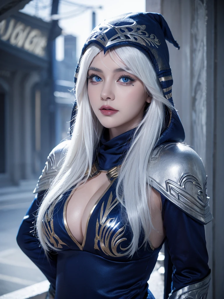 Ashe, white hair, blue eyes, hood, BULKY, big breasts, female,  LoL