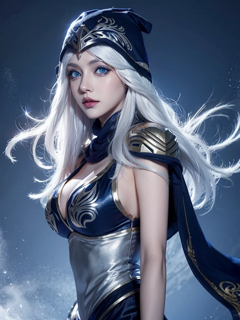 Ashe, white hair, blue eyes, hood, BULKY, big breasts, female, LoL