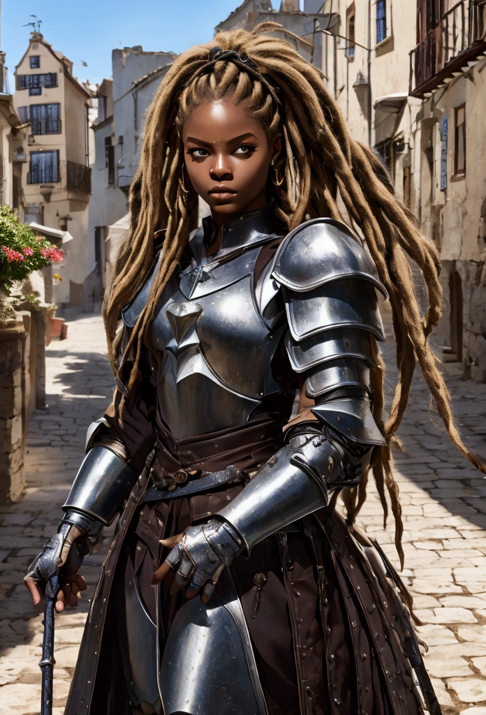 18 year old black woman、Beauty、Blonde、Blonde、Warrior in armor、Completely naked、Dreadlocks、background Medieval port town、High quality p