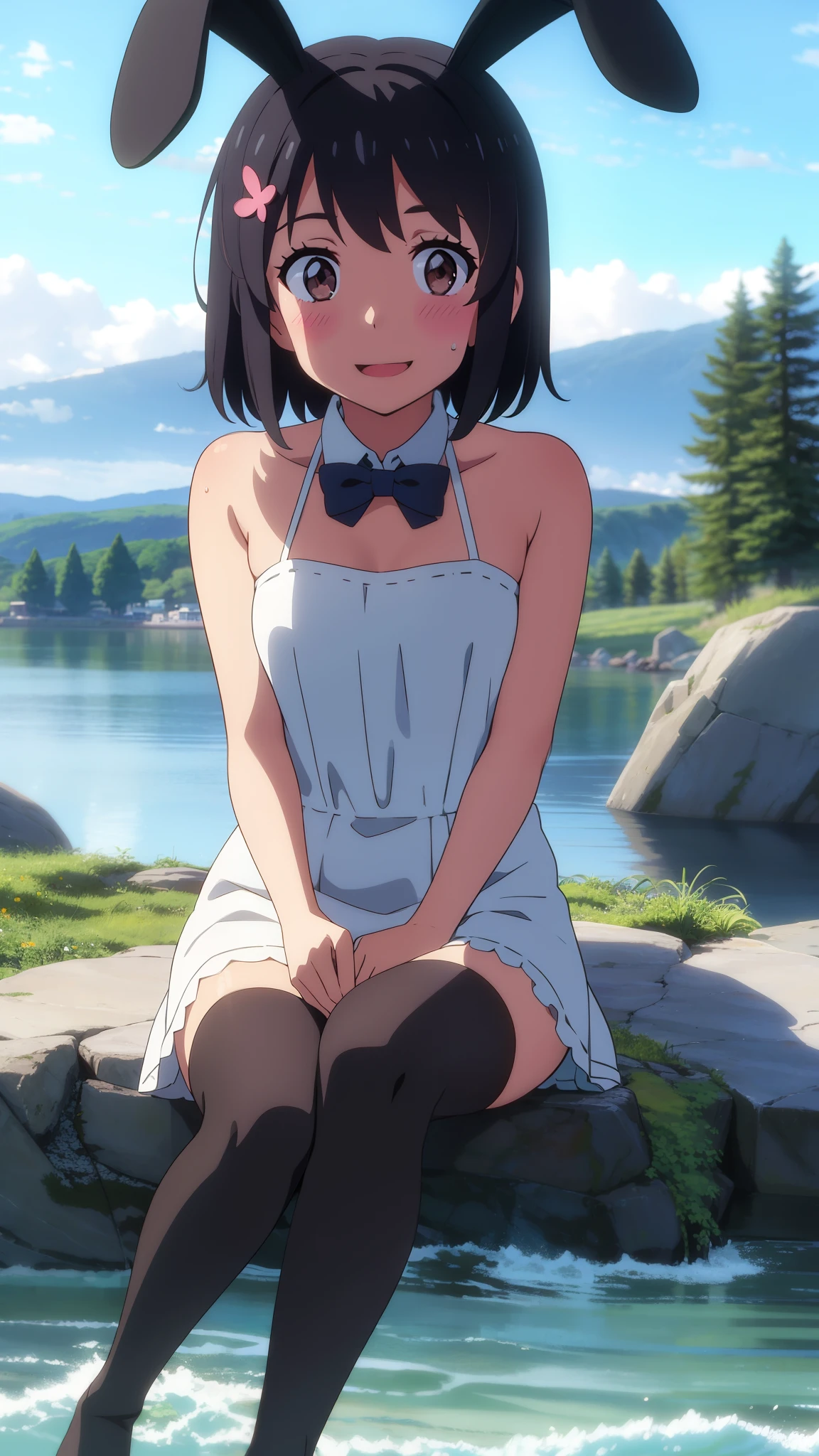 shinkai makoto, kimi no na wa., 1girl, bangs, black hair, blush, brown eyes, perfect face, shinny skin, bare shoulders, short hair, smile, open mouth, cute, solo, hair ornament, rabbit ears, white dress, detached collar, black thighhighs, looking at the viewer, cloudy, blue sky, mountains, rocks, sitting, sweat, (masterpiece), best quality