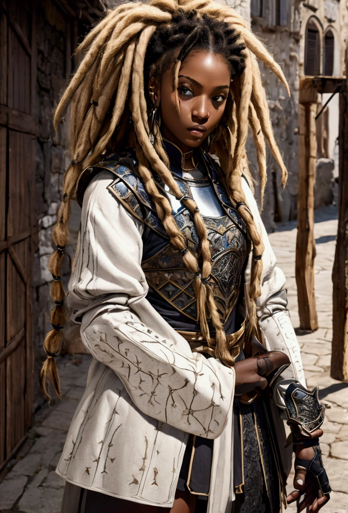 18 year old brown female、Beauty、Blonde、Blonde、Warrior in armor、Completely naked、Dreadlocks、background Medieval port town、High quality p