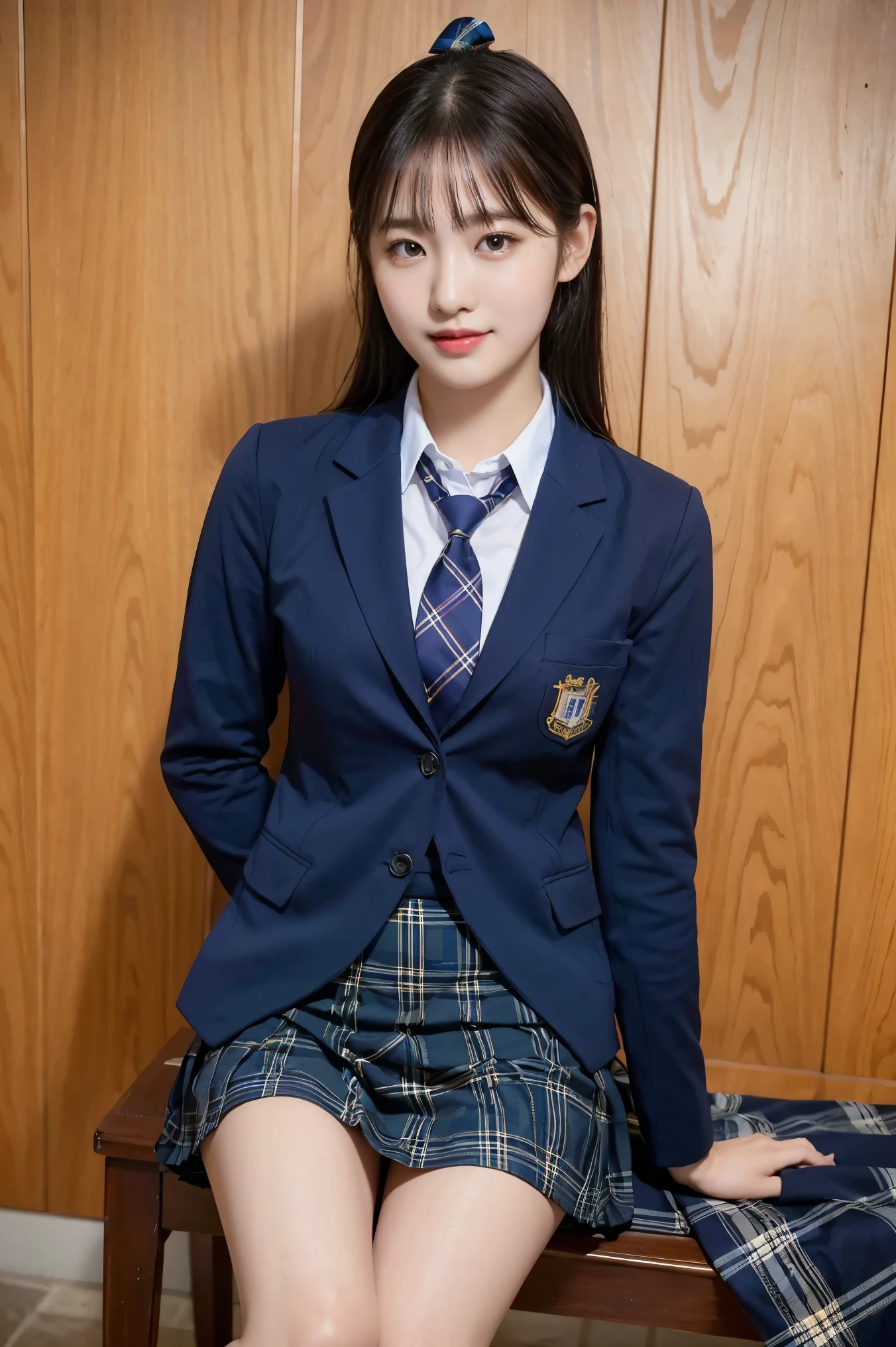 (8K), (highest quality: 1.2), (realistic), (realistic: 1.37), ultra high resolution, (1 girl), cute, smile, closed mouth, beautiful details, beautiful nose, wet hair, giant dulcefo, pork, thighs，self snap,University Student Uniform,(A simple navy blue blazer),pleated skirt,(The skirt and tie are tartan check pattern:1.3),(sitting:1), sit on ,from the front, shiny legs 