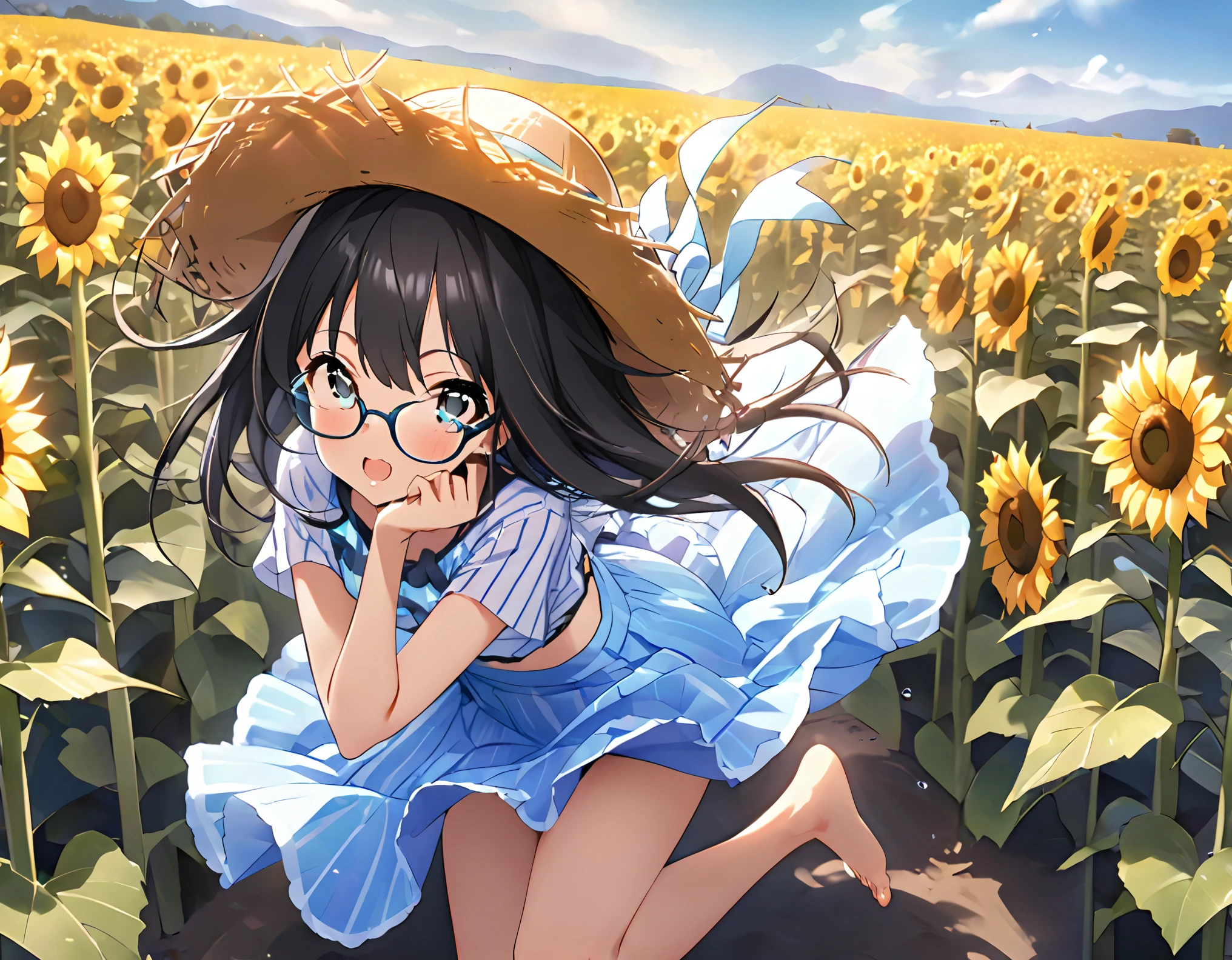 White and light blue striped shirt、Light blue long flared skirt、The wind blows and my skirt flips up、Showing off her cute white underwear、barefoot、Long Black Hair、Glasses、Straw hat、Alone in a sunflower field