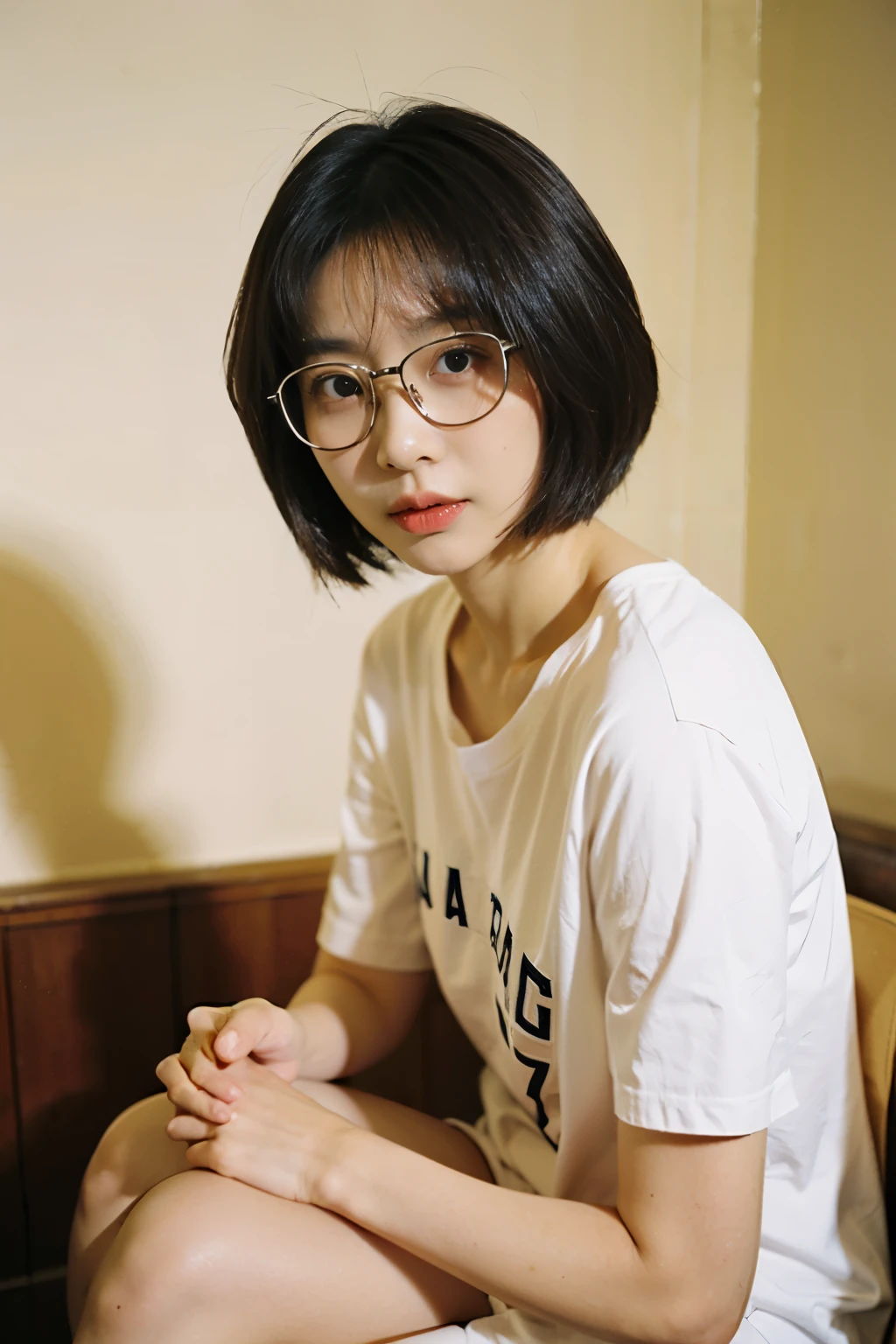 there is a woman that is sitting down with a baseball glove, jinyoung shin, mid shot portrait, heonhwa choe, jaeyeon nam, park ji-min, with index finger, taejune kim, lee ji - eun, lee ji-eun, ulzzang, with short hair, short sleeves, sun yunjoo, with glasses, medium portrait