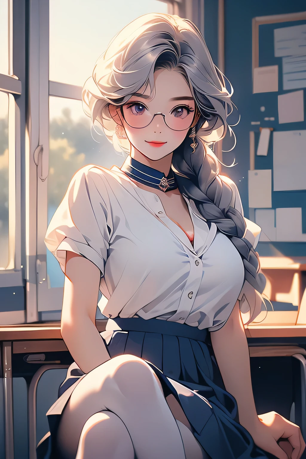 Highest quality、High resolution、Detailed Background、Artistic、mysterious、(Beautiful face in every detail:1.4)、Anatomically correct、(Normal number of fingers:1.2)、(Highly detailed face:1.2)、(Detailed eyes)、Teenage beauty、(Huge breasts:1.2)、Perfect body line、Light color hair、Braided bob cut、Braided Ponytail、well-groomed eyebrows、Calm and elegant look、Glasses、Navy blue sailor suit、White sailor collar、Navy blue pleated skirt、White Stockings、A big smile、smile、
(View from below of sitting at desk in classroom:1.5)、Emphasize cleavage、cute