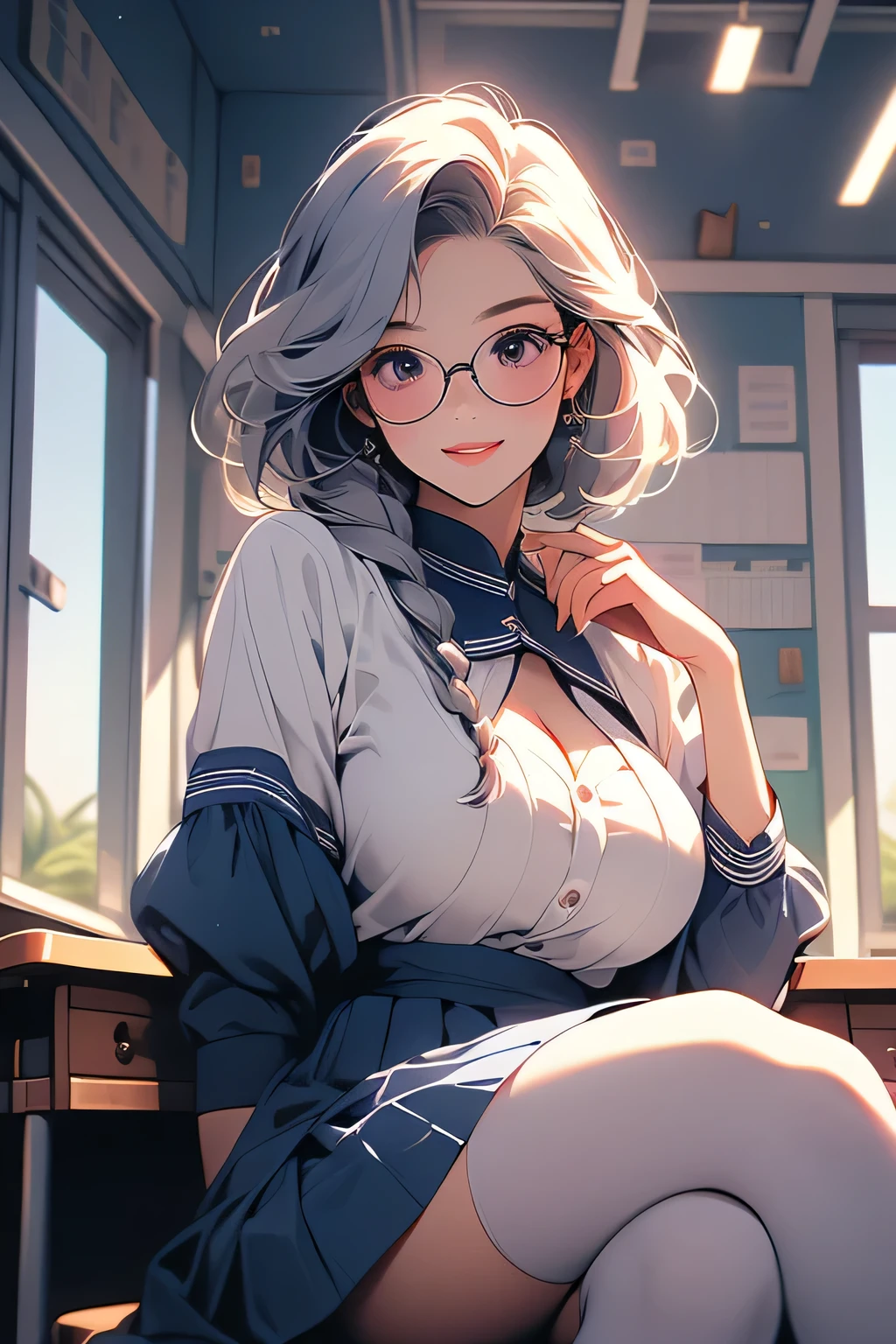 Highest quality、High resolution、Detailed Background、Artistic、mysterious、(Beautiful face in every detail:1.4)、Anatomically correct、(Normal number of fingers:1.2)、(Highly detailed face:1.2)、(Detailed eyes)、Teenage beauty、(Huge breasts:1.2)、Perfect body line、Light color hair、Braided bob cut、Braided Ponytail、well-groomed eyebrows、Calm and elegant look、Glasses、Navy blue sailor suit、White sailor collar、Navy blue pleated skirt、White Stockings、A big smile、smile、
(View from below of sitting at desk in classroom:1.5)、Emphasize cleavage、cute