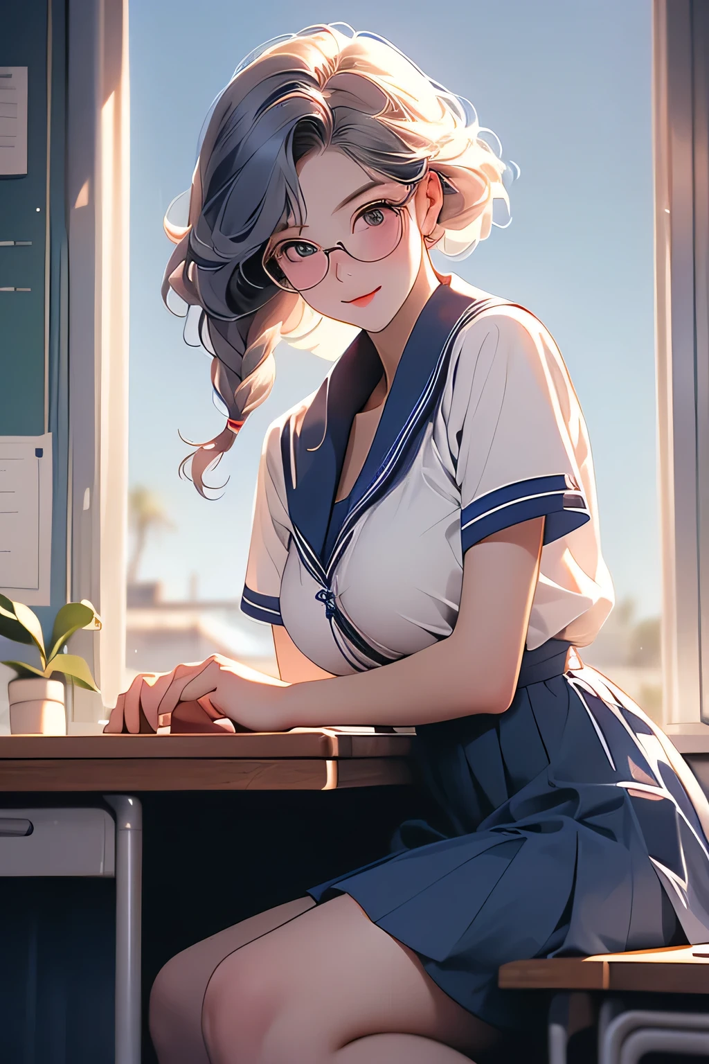 Highest quality、High resolution、Detailed Background、Artistic、mysterious、(Beautiful face in every detail:1.4)、Anatomically correct、(Normal number of fingers:1.2)、(Highly detailed face:1.2)、(Detailed eyes)、age beauty、(Huge breasts:1.2)、Perfect body line、Light color hair、Braided bob cut、Braided Ponytail、well-groomed eyebrows、Calm and elegant look、Glasses、Navy blue sailor suit、White sailor collar、Navy blue pleated skirt、White Stockings、A big smile、smile、
(View from below of sitting at desk in classroom:1.5)、Emphasize cleavage、cute