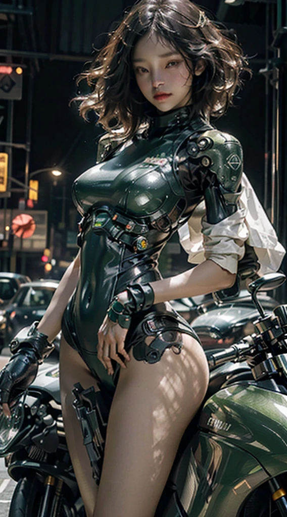 Highest image quality, outstanding details, ultra-high resolution, (realism: 1.4), the best illustration, favor details, highly condensed 1girl, with a delicate and beautiful face, dressed in a black and green mecha swimsuit , wearing a mecha helmet, holding a directional controller, riding on a motorcycle, the background is a high-tech lighting scene of the future city.  Show cleavages. Revealing clothes.