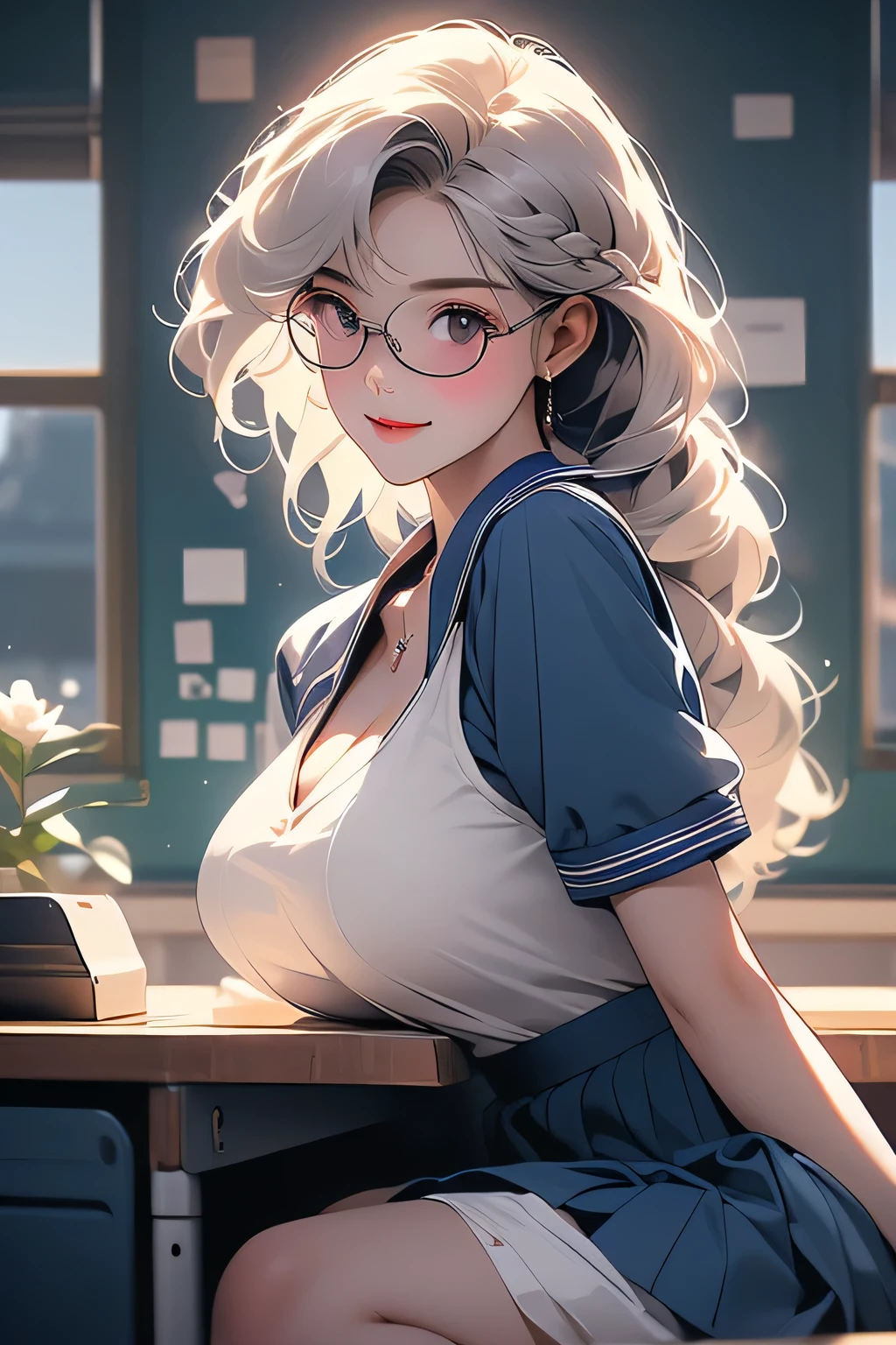 Highest quality、High resolution、Detailed Background、Artistic、mysterious、(Beautiful face in every detail:1.4)、Anatomically correct、(Normal number of fingers:1.2)、(Highly detailed face:1.2)、(Detailed eyes)、Teenage beauty、(Huge breasts:1.2)、Perfect body line、Light color hair、Braided bob cut、Braided Ponytail、well-groomed eyebrows、Calm and elegant look、Glasses、Navy blue sailor suit、White sailor collar、Navy blue pleated skirt、White Stockings、A big smile、smile、
(View from below of  sitting at desk in classroom:1.5)、Emphasize cleavage、cute