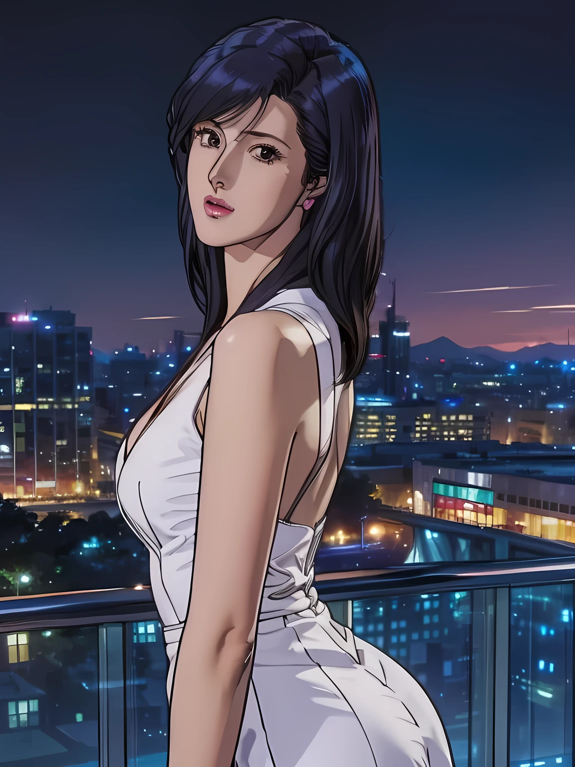 saeko city hunter, ((Beautiful Face, A soft-looking face:1.15)), Shallow depth of written boundary, Purple collared shirt slightly open, Wearing white jacket, Dark purple pencil skirt with slit, Purple garter belt, Shiny straight shoulder-length Dark purple hair, Sweeping bangs between the eyes, extremely detailed eye and face, Sexy Body, (A little slimmer body:1.1), Captivating Body, (Perfect Face), Highlights in the eyes, Purple-black eyes, cleavage, Slightly thick thighs, Beautiful thighs, Sexy Butt, Exposed thighs, soft smiling, white skin, natural skin texture, Very perfect and beautiful face, awesome solo, Realistic texture, Realistic Skin, Whole body, Highly detailed CG, Super detailed, extremely detailed beautiful face, Extremely finely detailed, (night city, illuminations, night sky), atmospheric lighting, Captivating lighting, Beautiful collarbone, perfect style body, Perfect slim body, Sharp Face, long legs, skyscrapers, Accurate Fingers, HDR, (detailed beautiful eyes:1.1), High-definition RAW photos, (large breasts), (cool beauty), Earrings, Urban, (masterpiece:1.3) 