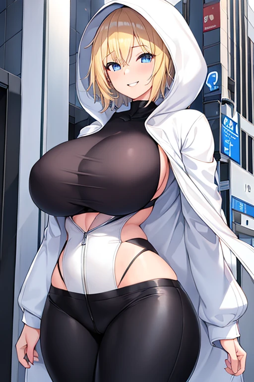 1girl, blonde hair, blue eyes, very short hair, hood up, jacket, white jacket, hooded jacket, black pants, black shirt, ((black shirt)), shirt, smile, tall, huge breasts, toned, toned female, street, city, thick thighs, open jacket, breasts, hourglass figure