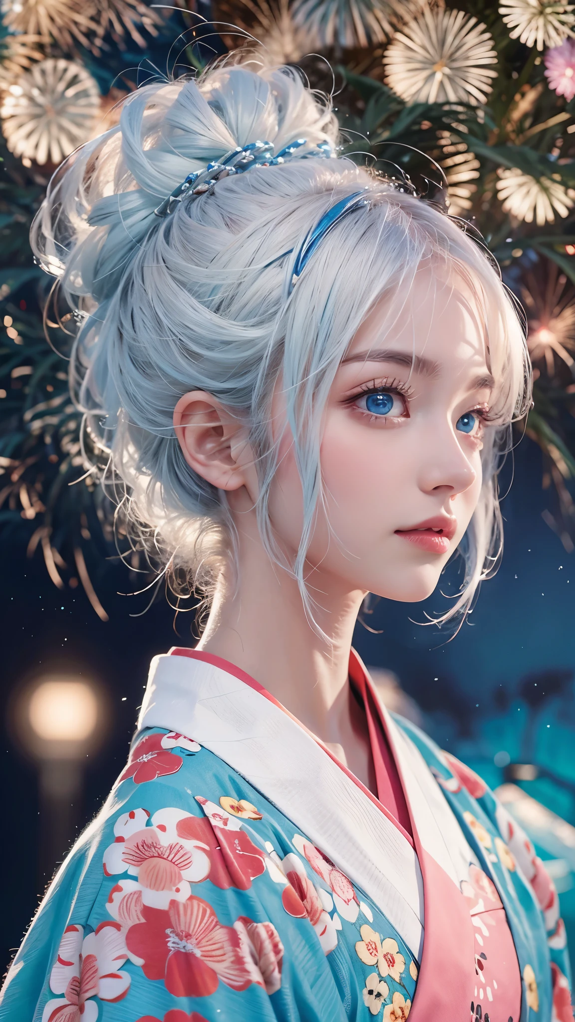 8k,Realistic,Beautiful single woman,White Gold Hair,Shortcuts,Perm,Blue Eyes,Summer Nights in Japan,Fantastic fireworks,Traditional Japan yukata,The theme colors are blue and pink.