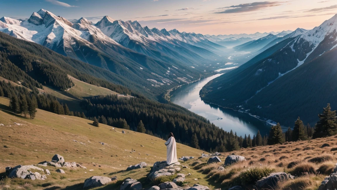 JESUS CHRIST THE MESSIAH IN A BEAUTIFUL LANDSCAPE IN THE MOUNTAINS BACKGROUND, Best quality artwork