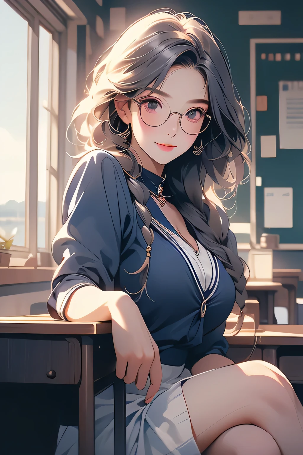 Highest quality、High resolution、Detailed Background、Artistic、mysterious、(Beautiful face in every detail:1.4)、Anatomically correct、(Normal number of fingers:1.2)、(Highly detailed face:1.2)、(Detailed eyes)、Teenage beauty、(Huge breasts:1.2)、Perfect body line、Light color hair、Braided bob cut、Braided Ponytail、well-groomed eyebrows、Calm and elegant look、Glasses、Navy blue sailor suit、White sailor collar、Navy blue pleated skirt、White Stockings、A big smile、smile、
(View from below of sitting at desk in classroom:1.5)、Emphasize cleavage、cute