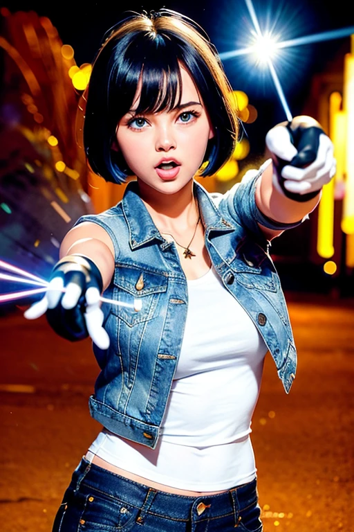 (((1 girl,  Cute, denim jacket, White top, jeans, Gloves, black hair, short hair, bob hair,  hair side parting, blue eyes))), (((blonde hair))), 
dynamic poses, Comic style, Portray a group of characters in various action scenes, From intense battles to relaxing moments, Featuring dramatic speed lines and bold sound effects, Capture the excitement and energy of your story, Laser rays from the palm of your hand, Attack with palm forward, yellowstone park, Grand Canyon,