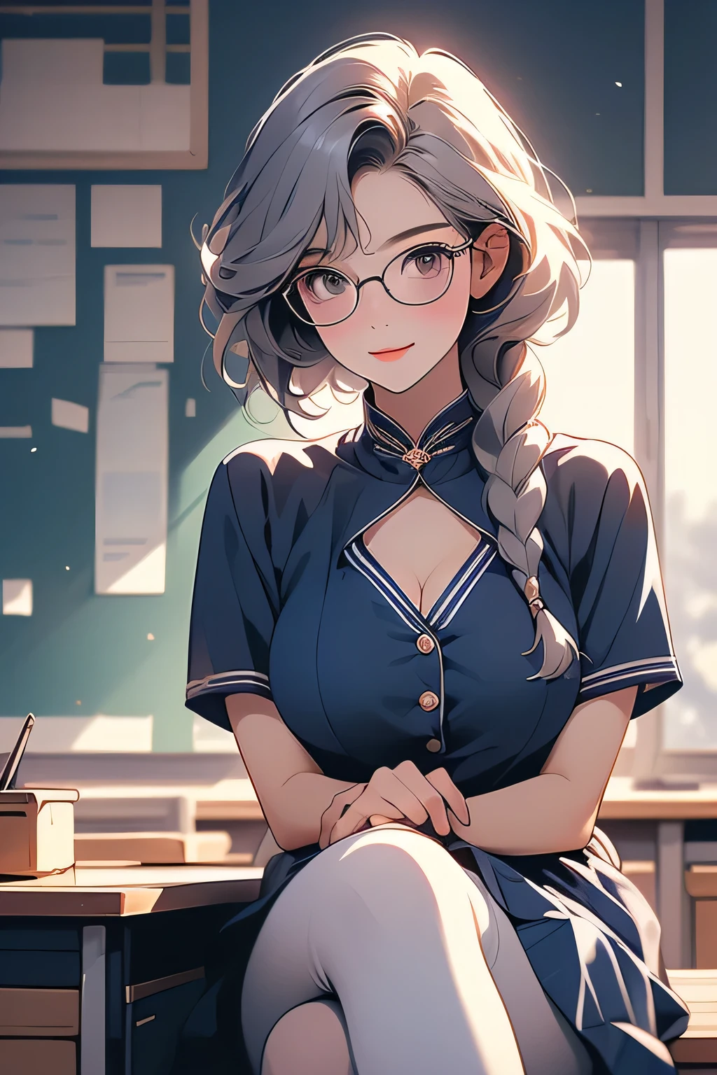Highest quality、High resolution、Detailed Background、Artistic、mysterious、(Beautiful face in every detail:1.4)、Anatomically correct、(Normal number of fingers:1.2)、(Highly detailed face:1.2)、(Detailed eyes)、Teenage beauty、(Huge breasts:1.2)、Perfect body line、Light color hair、Braided bob cut、Braided Ponytail、well-groomed eyebrows、Calm and elegant look、Glasses、Navy blue sailor suit、White sailor collar、Navy blue pleated skirt、White Stockings、A big smile、smile、
(View from below of  sitting at desk in classroom:1.5)、Emphasize cleavage、cute