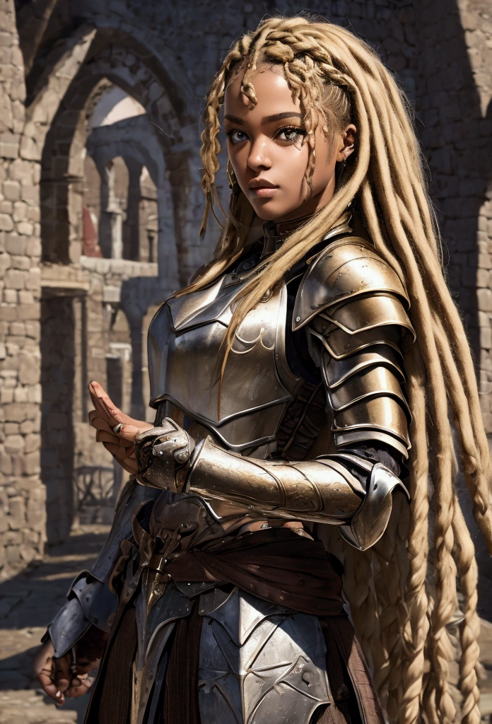 18 year old brown female、Beauty、Blonde、Blonde、Warrior in armor、Completely naked、Dreadlocks、background Medieval port town、High quality p