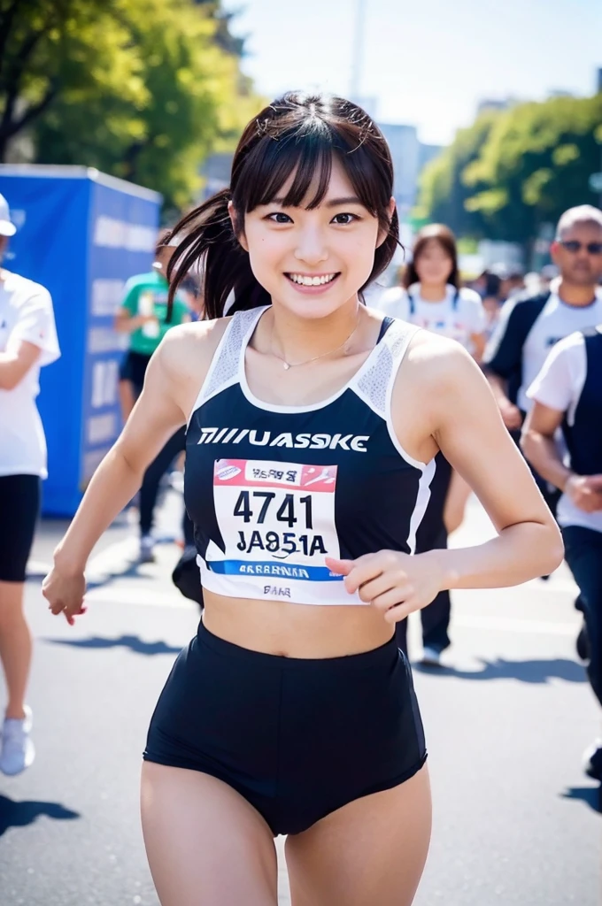 8K、High definition、Ultra Detail、Photorealistic、Realistic and accurate depiction、Realistic and accurate human anatomy、High resolution、Highest quality、Japanese beautiful girl、Highest quality, masterpiece, 超High resolution, (Realistic:1.4), RAW Photos, Highest quality, masterpiece, 超High resolution, (Realistic:1.4), Raw photo, Very detailed, Perfect Anatomy, One girl, 18-year-old, The most famous Japanese idols, (Running in a marathon), An innocent smile, ((Upturned buttocks)), ((A very cute face, just like a popular Japanese idol, Very beautiful big black round eyes, Very beautiful short black hair)), Very beautiful slim body, Very beautiful thighs, Marathon Competition Details, Attention to detail、Colorful marathon uniforms with cute designs、Full Body Shot