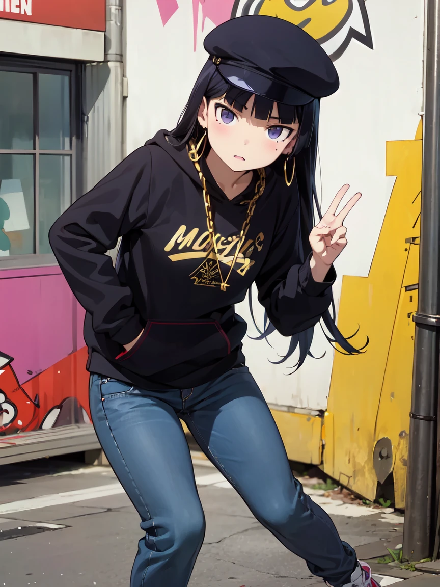 ((ruri gokou)), girl, alone, Hime cut, Black Hair, Mole under eye, long hair, Hip Hop Dancer, Street dance, Hip Hop Fashion, Oversized Hoodie, Buggy jeans, High Top Sneakers, big gold chain, cap, Large earrings, Dance Moves, cool, Dynamic pose, masterpiece, Graffiti wall