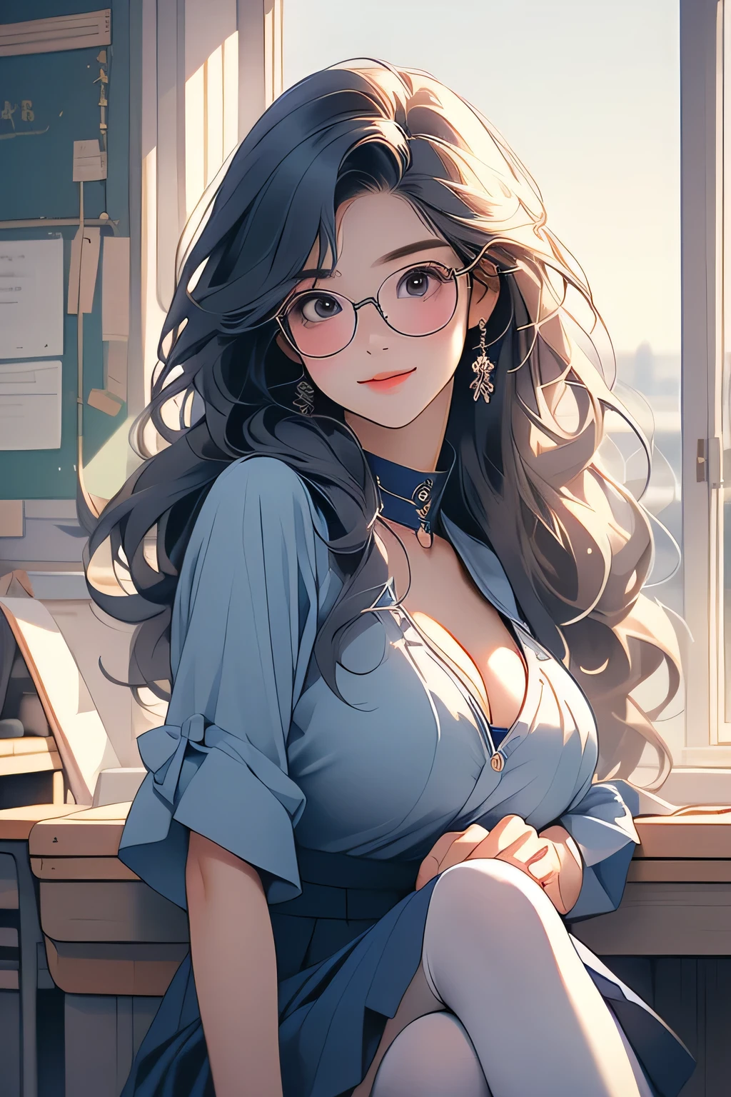 Highest quality、High resolution、Detailed Background、Artistic、mysterious、(Beautiful face in every detail:1.4)、Anatomically correct、(Normal number of fingers:1.2)、(Highly detailed face:1.2)、(Detailed eyes)、age beauty、(Huge breasts:1.2)、Perfect body line、Light color hair、Cute hairstyle、well-groomed eyebrows、Calm and elegant look、Glasses、Navy blue sailor suit、White sailor collar、Navy blue pleated skirt、White Stockings、A big smile、smile、
(View from below of sitting at desk in classroom:1.5)、Emphasize cleavage、cute