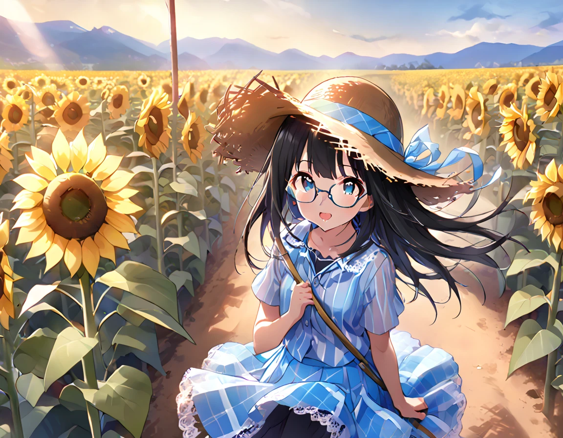 White and light blue striped shirt、Light blue long flared skirt、The wind blows and my skirt flips up、Showing off cute white lace underwear、barefoot、Long Black Hair、Glasses、Straw hat、Alone in a sunflower field