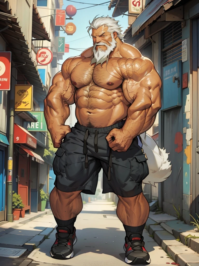 Solo, 1man, 1boy, old man in street city, old man, thick arm, huge arm, bearded. white hair and beard, bearded, muscular, pectoral, wide pectoral, realistic, 8k, masterpiece, (wearing shorts and shirtless, topless, shoes)