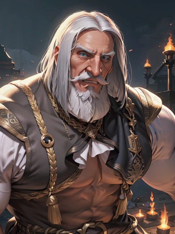 (giant, colossal, muscular, gigantic old man, expressive face, well-defined chin, very well defined face,larger-than-life figure, blue eyes, wrinkles, veins, long gray hair, thick gray moustache, full gray beard, towering presence, overwhelming size, immense power, massive strength), gigantic old man, expressive face, well-defined chin, very well defined face, growing in size with each passing moment, expanding exponentially, becoming larger and larger than any man-made structure, dominating the landscape, a true titan among men, with every muscle and sinew rendered in detail, every bulge and vein meticulously captured, showcasing the (raw power, strength, intensity) emanating from his form, he crushes buildings with his muscles, he destroys everything. The colors used are bold and vibrant, capturing the intensity of the scene, with (rich tones, vivid hues) that add depth and dimension to the artwork. The overall effect is one of awe and wonder, as the viewer is confronted with the sheer magnitude and power of this gigantic man. Long gray hair, bushy gray eyebrows, black skin, dark olive skin color, blue eyes, nose with pronounced bridge and outward curve that protrudes from the base of the nose, oiled skin, absurdly huge nose, hawk nose, big old man nose, convex nose, well groomed moustache, (80 years old daddy), enormous nose, eagle like nose, veins, sharp well groomed beard
