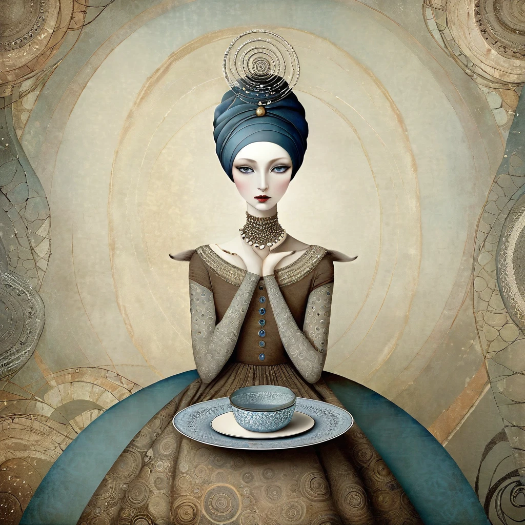 Catrin Welz-Stein style, digital art, dreamlike, ethereal, fantasy, imaginative, intricate, magical,. tylized figure. Female cat, with the body of a woman. slender, beautiful, gentle and delicate gaze, very long neck, gray-blue eyes, long eyelashes, light brown dress, turban. she is sitting at a dining table, holding an empty plate in her hands. background with neutral motifs of circles and spirals. warm colors, medium saturation.