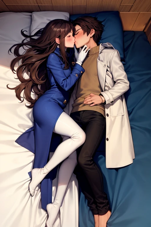 ((best quality)), ((masterpiece)), (detailed), a couple, a boy and a girl, 1 boy, full body, 19 years old, brown hair with white tips, somewhat long hair, bangs, green eyes, tall and thin, thin, long beige trench coat, open trench coat, black fingerless gloves, white wristbands, white t-shirt with blue emblem, black pants, 1 girl, full body, 19 years old, young adult, somewhat short, purple eyes, brown hair, somewhat wavy hair, long hair, lock of hair on forehead, blushing, scientist's coat, blue shirt, black pants, lying in bed, facing each other, giving each other a kiss on the lips, closed eyes, blushing, romantic moment, bedroom background, anime